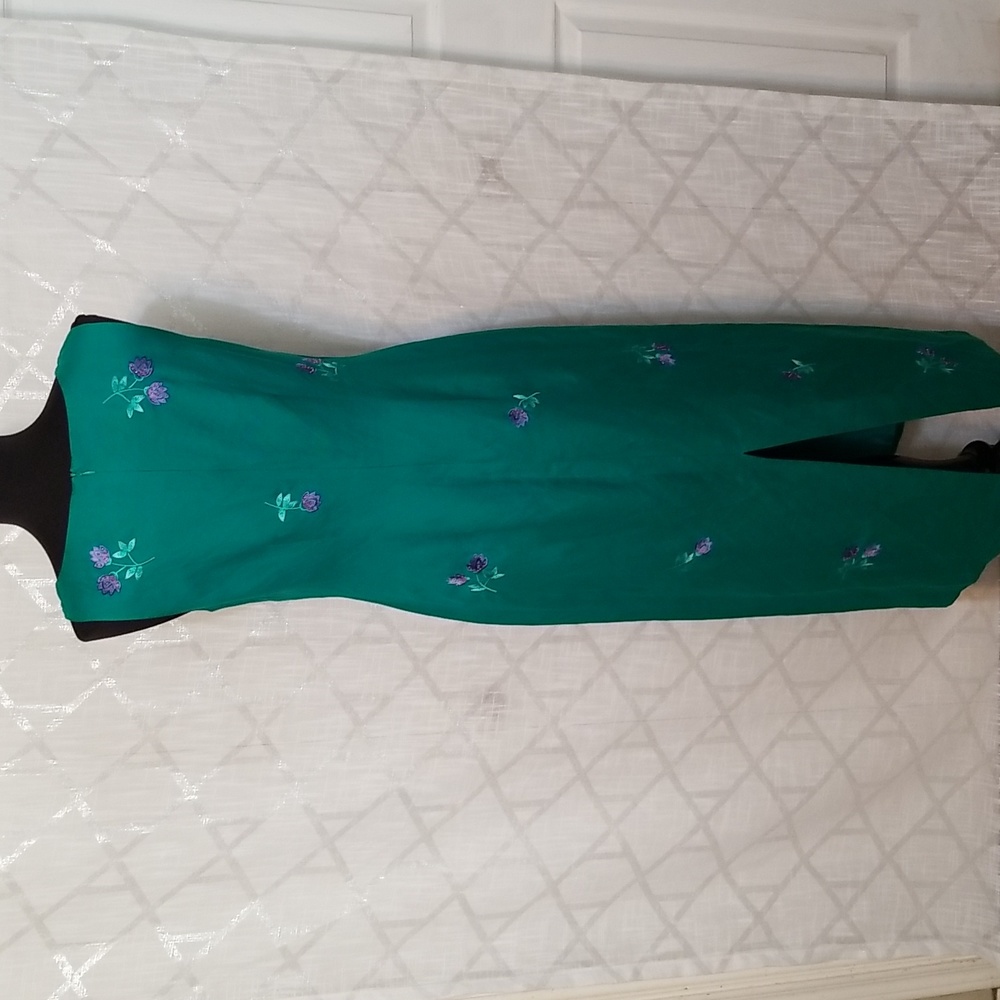 Vintage Jessica Howard Maxi Dress Size 10 Embroidered Green Linen - Picture 4 of 8